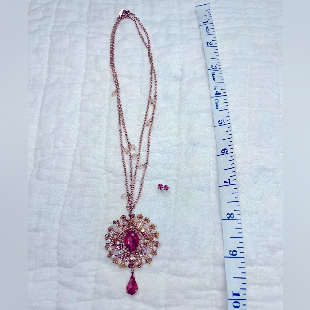 1 Gold Necklace w/Pink, Clear & Iridescent Gems + 1 set of pink stud earrings